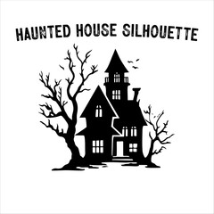 Spooky Haunted House Silhouette with Bare Trees – Halloween Vector