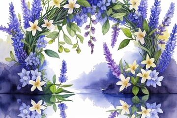 Tranquil Watercolor Wreath Featuring Jasmine and Lavender Floral Arrangement