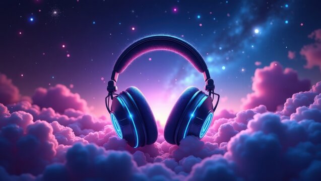 Immersive Headphones Floating in a Dreamy Neon Nebula Cloudscape