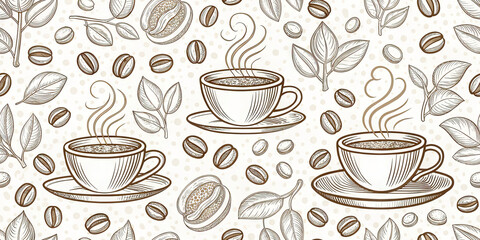 Steaming coffee cups and beans create a charming, rustic cafe vibe perfect for branding