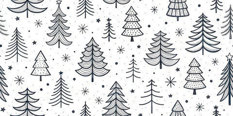 Charming hand-drawn Christmas tree pattern with festive snowflakes and stars for holiday greetings