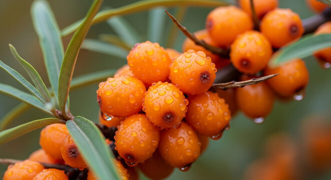 Ripe sea buckthorn berries with fresh water drops on a branch