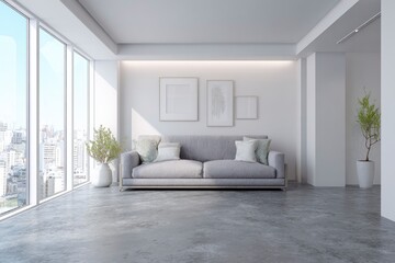 Modern grey sofa in apartment overlooking city with sunlight from large windows