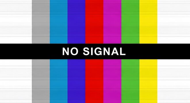 A no signal television test pattern with colorful vertical bars and a black rectangle in the center