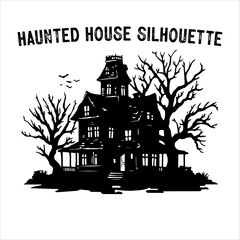 Spooky Haunted House Silhouette with Bare Trees – Halloween Vector