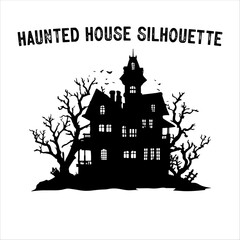 Spooky Haunted House Silhouette with Bare Trees – Halloween Vector