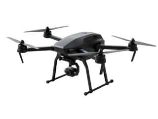 High tech surveillance drone with advanced camera system and multiple propellers isolated on transparent background