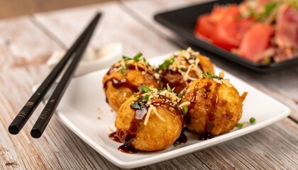 vertical shot of a plate of takoyaki appetizers with chopsticks on the table 