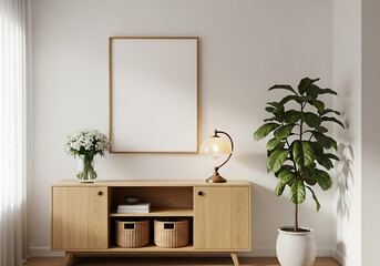 Empty vertical frame mockup in a cozy Japandi living room with a wooden sideboard and lush houseplant