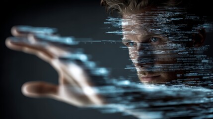 A futuristic image depicting a man reaching out, with digital data elements flowing around him, symbolizing technology and human interaction.