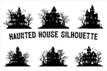 Spooky Haunted House Silhouette with Bare Trees – Halloween Vector