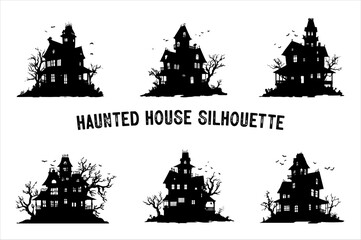 Spooky Haunted House Silhouette with Bare Trees – Halloween Vector