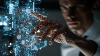 A man interacts with a digital interface, displaying glowing data and futuristic technology concepts.