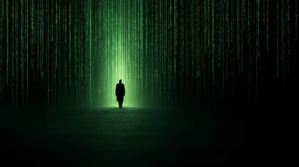 A figure stands alone in a dark space illuminated by cascading green binary code, evoking themes of technology and digital realms.