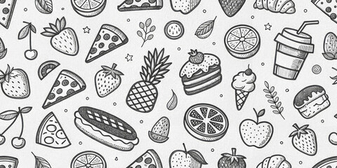 Whimsical hand-drawn food pattern featuring fruits, pizza, cake, and drinks for a playful vibe
