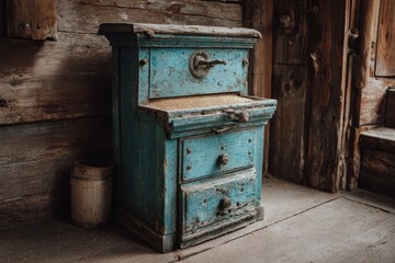 Vintage blue sideboard cabinet display; storage near door in rustic wood room