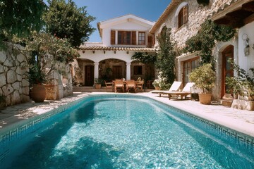 Fototapeta premium Relaxing pool scene in courtyard of old house with sun shining, for travel promotion