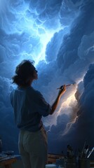 Obraz premium A woman paints a dramatic stormy sky on a wall, highlighting her artistic talent and creativity amidst swirling clouds and vibrant colors.