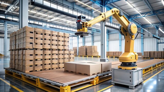 Robotic arm with vacuum gripper picking boxes from a pallet in an automated factory packing system