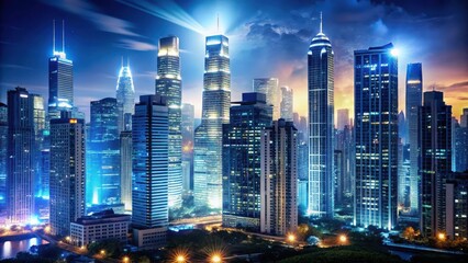 Fototapeta premium Cityscape at Night with Tall Skyscrapers and Bright Lights