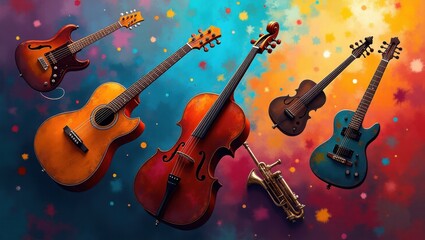 Fototapeta premium A Vibrant Collection of String and Wind Musical Instruments Displayed Against a Colorful Abstract Background