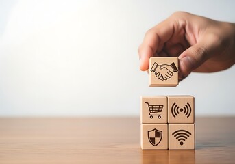Hand stacking wooden blocks with business icons for partnership and technology