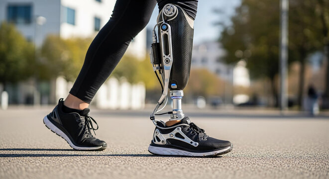 Active person with a modern bionic prosthetic leg walking in an urban setting