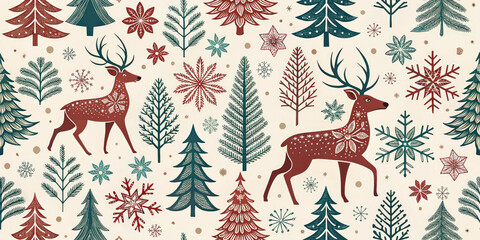 Charming vintage Christmas pattern featuring reindeer, festive trees, and snowflakes for holiday decor
