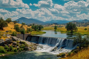 Waterfall Cascades Over Dam, Mountains Backdrop, Idyllic Landscape, Nature Imagery