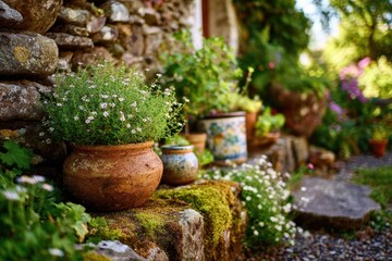 Lush Garden Scene with Colorful Pots and Vibrant Plants Surrounded by Stone Wall in a Serene Outdoor Setting Ideal for Nature and Gardening Themes