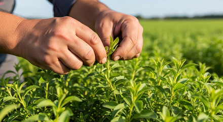 Cultivating nature's sweetness, a farmer inspects a fresh stevia plant in a sunlit field