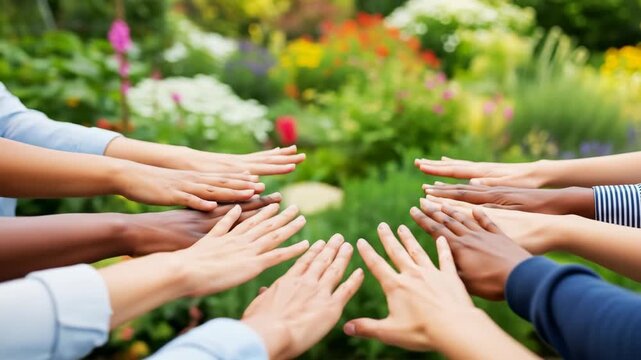 Diverse group of hands joined in a circle against a green background, symbolizing unity, teamwork, and inclusion, representing community, support, and collaboration with various skin tones
