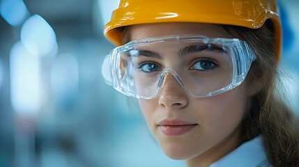 Portrait of serious girl in safety goggles and yellow helmet. Focused future engineer in training. Inspiring female roles in industry. Introduce A Girl to Engineering Day with text space