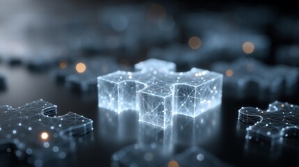 Abstract Desktop with Minimalist Jigsaw Puzzle: Business Solution Concept in Monochrome Blue Hologram