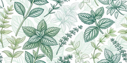 Botanical pattern of fresh mint and herbs in detailed vintage sketch style for natural designs