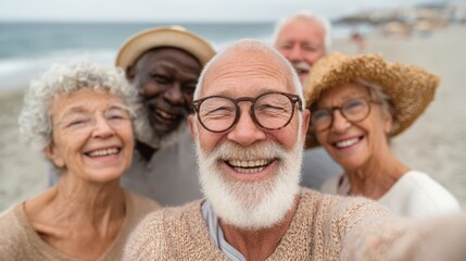 A joyful group of older adults smiling together on the beach, showcasing friendship and happiness in a sunny, relaxed setting.