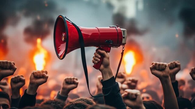 Dramatic imagery of a protest featuring raised fists a red megaphone and fiery background elements suggesting a demonstration emphasizing social and political commentary with a sense of urgency