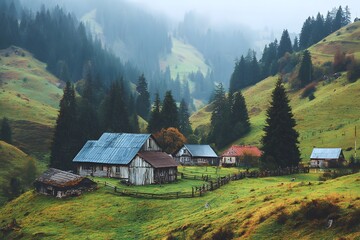 Obraz premium Serene Mountain Valley Houses in Verdant Greenery