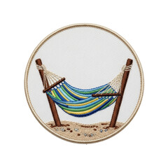 Obraz premium A vibrant embroidered patch showcasing a colorful striped hammock on a sandy beach, perfect for vacation, travel, or summer apparel.