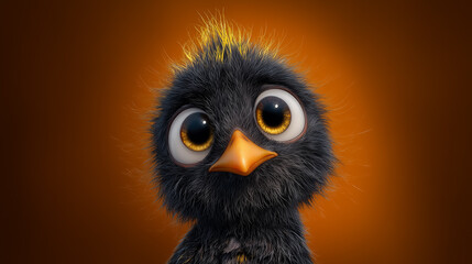 Naklejka premium Cute fluffy black chick with big eyes and yellow feathers is staring