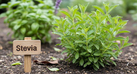 Fresh Stevia plant with a wooden sign growing in a lush herb garden