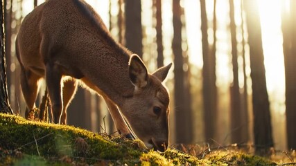 Elegant deer grazes peacefully in a sun-drenched forest, creating a tranquil woodland scene - Powered by Adobe