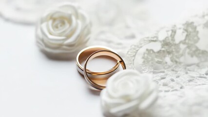 Elegant wedding rings with white roses and lace perfect for wedding invitations romantic projects celebrations or design elements featuring golden rings and floral accents conveying luxury and romance