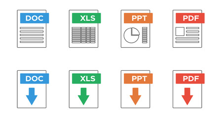 modern office electronic documents file formats DOC XLS PPT PDF, download symbol, colorful vector icons set