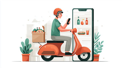 Deliveryman riding scooter checking online order on smartphone app