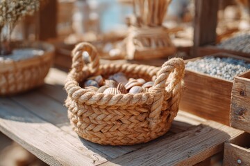 Obraz premium Natural Woven Basket Filled with Seashells Resting on Rustic Wooden Shelf Surrounded by Coastal Decor and Natural Elements for a Beach-Themed Atmosphere