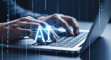 Hands typing on a laptop with glowing ai text overlay and digital data streams