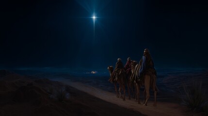The three wise men are going to the house where the star illuminated the birth of baby Jesus.