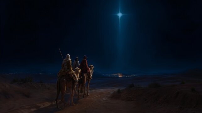 The three wise men are going to the house where the star illuminated the birth of baby Jesus.