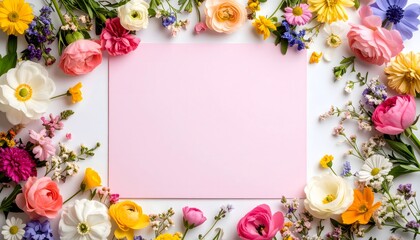 Vibrant floral border of colorful spring flowers creating a natural frame around a pink card for a festive message or invitation.
